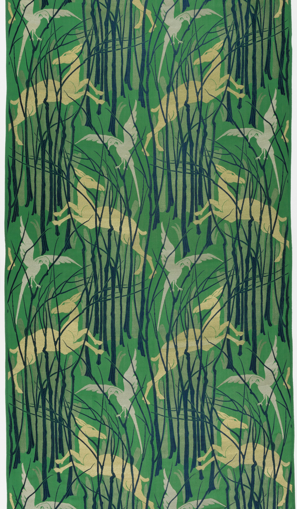 A woven textile sample with a forest scene formed by staggered repeats of grouped black leafless saplings out of which leaps a gold gazelle (or deer) followed by a silver bird, against a brilliant green satin background. Each gazelle leaps in one direction with their head turned back to face the bird approaching in flight with outstretched talons. The orientation is reversed when the motif repeats on the next line, with two gazelle/bird pairs per line. Some of the saplings’ branches are bent in the same direction of the gazelle's leap. This, together with the posture of the gazelle and of the bird, suggests a dynamic of hunting, hiding and fleeing.