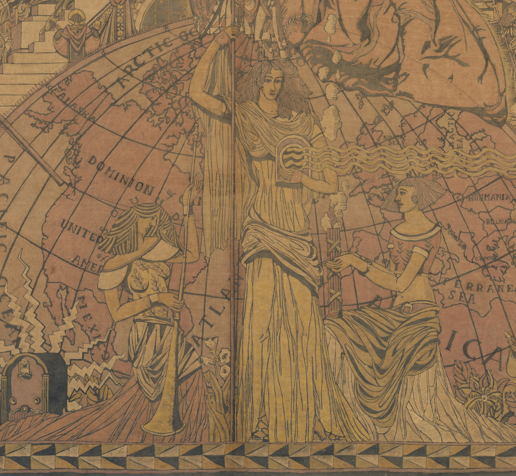 A close-up detail from the bottom center portion of a voluminous, horizontal mural, showing in muted colors, an allegorical figure representing Radio. Against a background of a globe, a tall figure of a woman wears a long pleated gown and sandals. Her upraised right arm supports the microphone used by the mural's namesake, Jessica Dragonette, while a radio held near her heart with a cradled, left arm, emits stylized radio waves. Kneeling figures, one on each side and also dressed in voluminous robed skirts, are close by. The figure on the viewer's left holds a horn downward, her long, layered hair falling forward as she looks at the allegorical Radio's outward-turned feet. A tight-fitting bodice -- with the curves of her breasts clearly delineated -- is decorated with leaves and attached to a capped neckline. The kneeling figure on the viewer's right has her arms outstretched with wrists appearing to be bound loosely together. Her hair is cut severely just below the ears; she wears a tightly cropped, short, red top. The mural is framed along the bottom with a border of triangles in a repetitive color scheme and varying sizes.