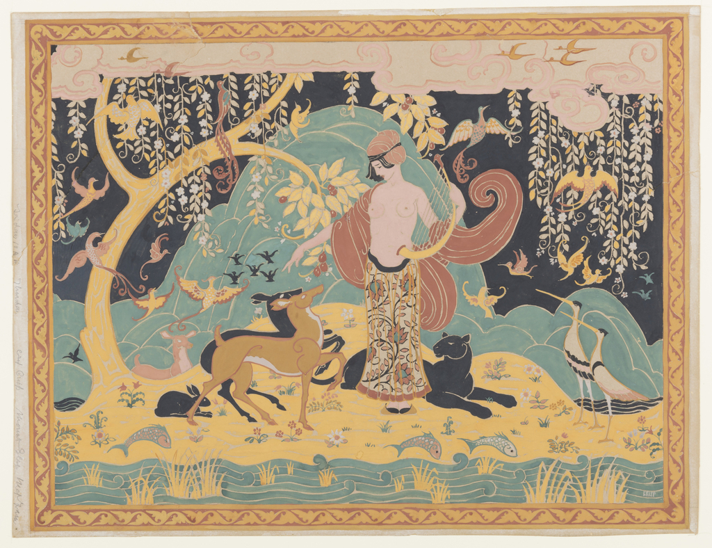 The theme of this richly colored gouache and ink drawing entitled “The Enchanted Isle of Beautiful Sounds” is communicated via a scene set in a lush, fantastical, eden-like, nature-filled landscape in which a lovely bare-breasted young female figure holding a lyre/harp is surrounded by various exotic birds, jumping fish, a panther, a rabbit, and deer. Overall it appears like a theatrical set in which the elements of land, water, sky, vegetation, human and animal figures are highly stylized, rendered flatly, with defined outlines. The ornamental details, and general impression is reminiscent of Eastern paintings. The figure wears a long floral skirt with an elaborate design, sitting low on her hips. A red shawl drapes over her right shoulder, sweeps behind her back and is caught up again in the crook of her left elbow like a sinuous wave, echoing the curve of the lyre which extends from her left hip up to her left hand. Her hair appears to be held by a decorative band around her forehead. She wears little black slippers. Her right hand is pointing to two deer looking up to her, if she was commanding them “sit/stay.” (The deer are in silhouetted, side by side; the one in the foreground is golden brown and overlaps the partially hidden one that is black.) Further to viewer’s left is a black rabbit sitting just behind/between the deer. A third deer is partially visible behind a knoll. Further to the very left is a golden tree with curving branches and lush foliage. Moving to (viewer’s) right of the figure, a black panther is outstretched at the woman’s feet. His two front paws and a portion of his hind and tail are visible on either side of her, the rest obscured by (behind) her skirt. skirt. Two tall-legged birds with long bills and black markings at the wings/neck/head (herons?) are to further to viewer’s right. The figure and animals are on hilly land depicted in gold with small flowers growing here and there. Behind the figure is a tall rounded amorphous shape which looks like a mountain or giant rock in a pale jade green color (celadon.) It is taller than she is and wider, and serves like theatrical backlighting around her and the elements near her. The sky behind and above the mountain is black topped by a canopy of pink stylized clouds that extend all across the drawing, like a valence or curtain across the top of a stage set. Throughout the scene are various exotic birds in flight, seen through and against leafy vines hanging from above. At the lower part of the scene fish are jumping out from a body of water with stylized undulating waves with little clumps of reeds protruding here and there. There is a floral/leafy patterned border going all around the rectangular drawing like a picture frame. The use of black in the sky and in some of the animals in contrast to the soft colors of jade, pink and cream, and the brightness of the “gold” areas contributes to the sense of mystery, drama and “enchantment” of this scene.