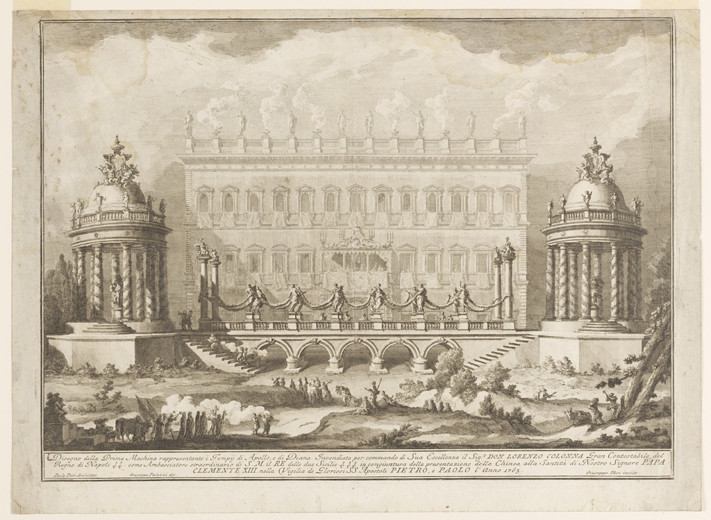 Print, The temples of Apollo and Diana built for the first day of the fireworks at SS. Peter and Paul by Paolo Posi