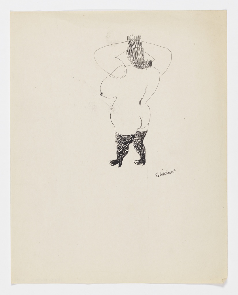 Drawing of a woman in nude composed of simple and clearly defined lines. It is drawn with pen and black ink on off-white paper. The subject features a voluptuous woman with her back turned, slightly facing towards the left. Her silhouette is outlined back and left side of the body. Hands of the subject are both raised with her fingers combing through her long hair. She is wearing a black heeled boot. The text “Exhibitionist” is written in the lower-right of the illustration.