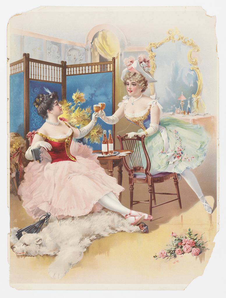 Two women, seated in a victorian styled lounge, share a drink. Both women are dressed in victorian style attire in soft pastels and flowers. A gilded mirror is placed in the background along with a bright blue room divider, popular for this period.