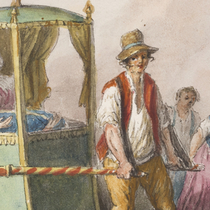Drawing, Water color; A midwife with a baby on the way to church for christening, 1827