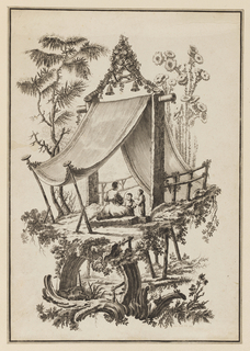 Print, Three Figures Underneath Tent