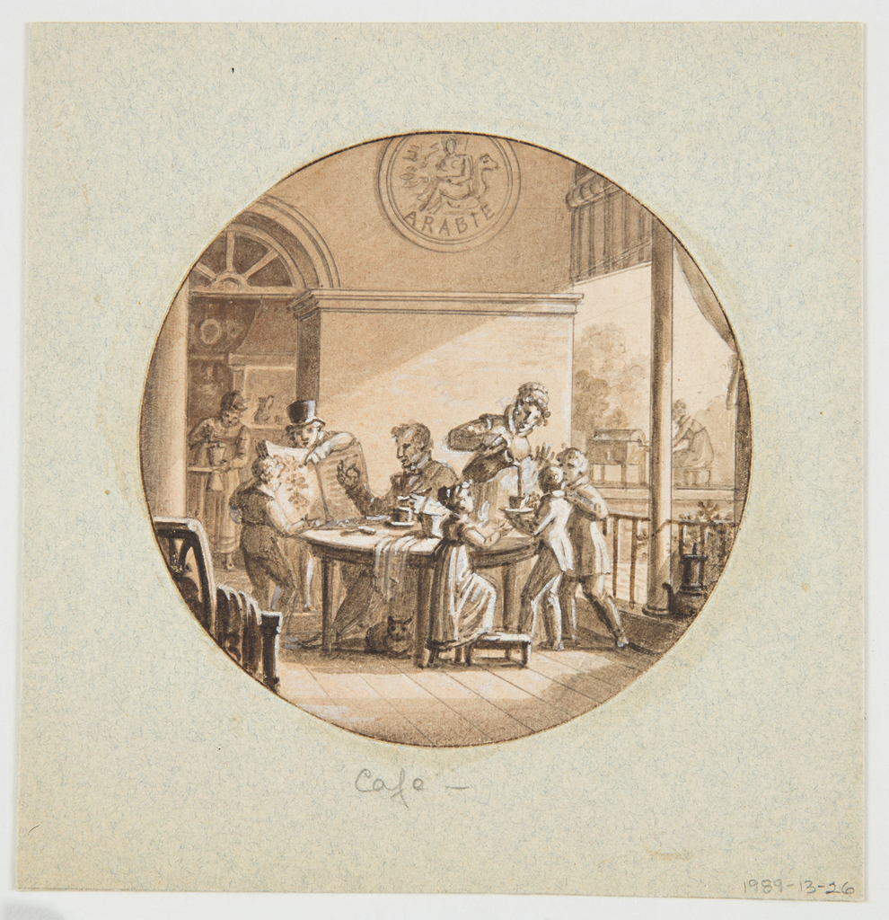 A circular hand-drawn design using imagery of processing coffee and serving it to be manufactured onto a porcelain plate in a square frame with a gray paper matte with tiny blue squiggles accommodating the form of the round design and frame. The word 'cafe' is hand written below the drawing. Centrally, located is a person sitting at a round table with a comfortable cat resting on the floor beneath. They are explaining a drawing of a coffee shrub in a large heavy volume to a young child while an older child, wearing a tophat is holding the volume on the left. To the right of the central figure, an animated person pours hot steaming coffee into the cup of a young child as the child faces a taller child to their right, both wearing topcoats while a smaller child to their left wears a long dress and their hands are expressing something. The group at the table is overlapping a wall on a patio and high above is a round relief of a horse facing right with a person and the word “ARABIE” printed on the bottom of the relief. The word could be a reference to a particular bean Coffea Arabica or an Arabian horse. Above and to the left in the distance of the central image is a half moon window known as a lunette above a doorway where a person wearing a long dress is grinding coffee in a conical/inverted conical grinder. To the right of the central group is a person in the distance wearing a long dress using a roaster to roast coffee with billowing smoke emanating while sitting with her back to the right on a stool. The dominant colors used in this drawing are a light tint of reddish brown with exaggerated white reflecting light contrasted with darker grays.