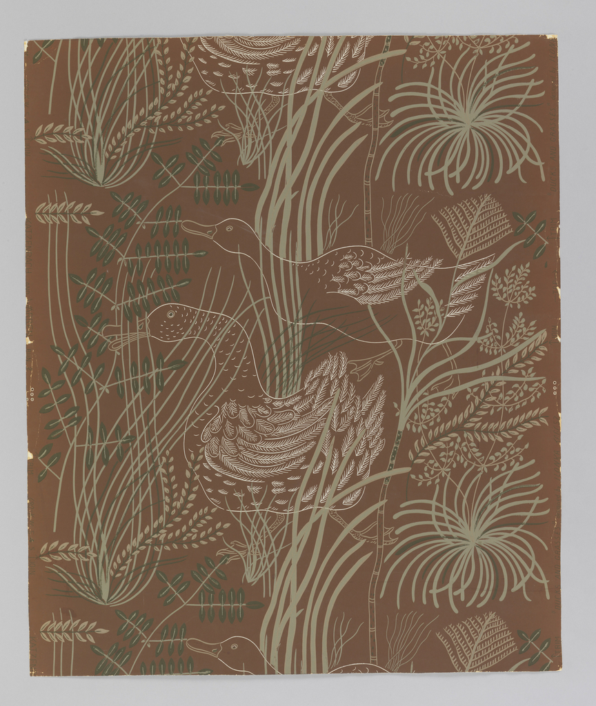 A wall covering featuring two ducks, at the center of the image and printed in white. The ducks are surrounded by grassy sections, printed in several shades of green. The pattern repeats at the top and bottom of the wallcovering.