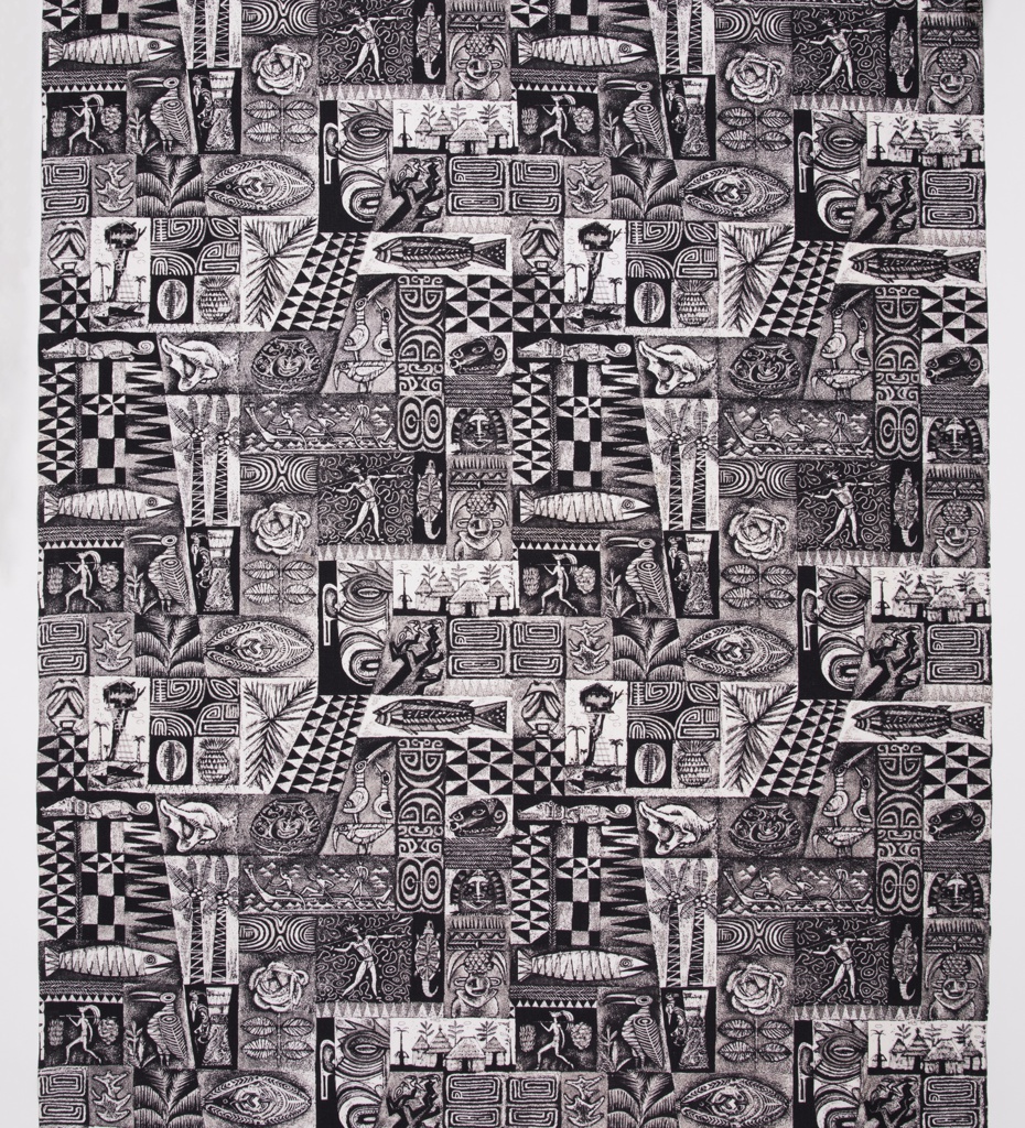 Textile made of cotton with printed images. Dominant colors are black, white and gray.