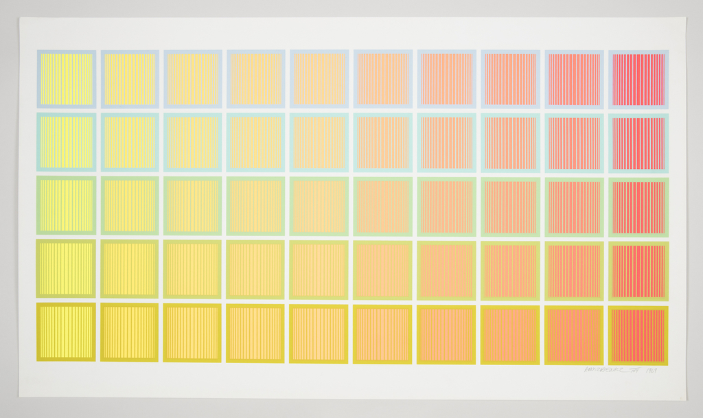 Horizontal rectangular print with fifty colorful squares arranged in a grid five squares high by ten squares wide. The primary color shifts in a gradient from yellow filling the squares at left to red at right. Each square is filled with thin vertical lines in a contrasting color shifting from blue to green to yellow from top to bottom and bordered in that same color. Thin white lines fill the spaces in between the squares and a thick white border at top and bottom. Faint handwritten words in pencil at lower right.