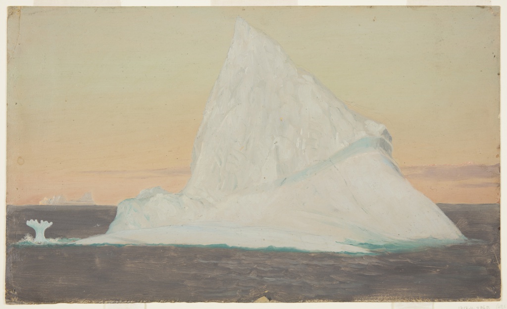 Drawing of an iceberg in the middle of an ocean. The background is a light yellow sky but as you make your way to the horizon it becomes a light pink color. Just above the horizon, there are two features in the distance. On the right side, there are a set of pinkish gray clouds that stretch from the right side of the drawing all the way to the left side. The tail end of the clouds end above what appears to be a set of icebergs on the left side. In the foreground, there is an iceberg in the shape of an arrow pointing to the right. If the viewer looks to the left of the iceberg, they will see what appears to be a frozen water spout next to the iceberg. Upon closer inspection, it has the shape of a flower, hence being identified as an ice flower. The bottom of the drawing is a dark blue gray color which represents the ocean.