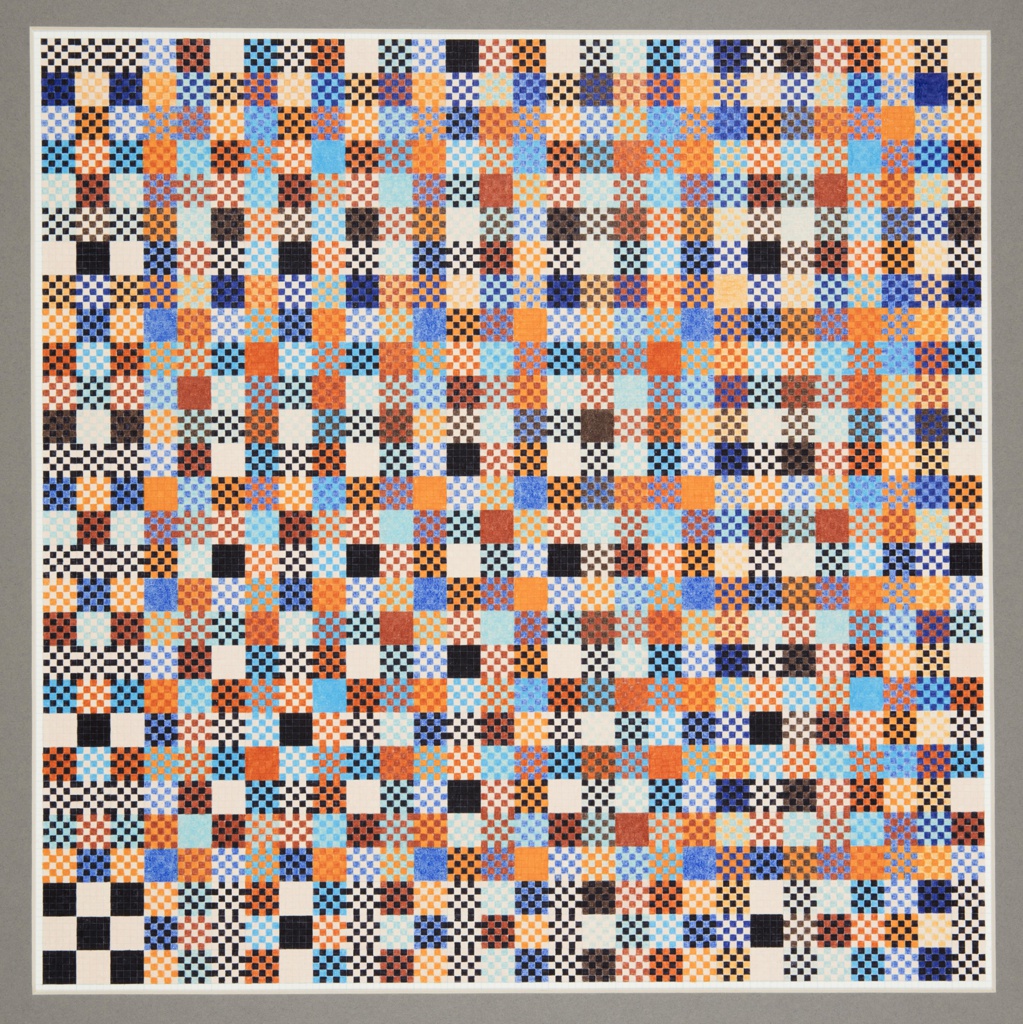 A square-shaped drawing with an abstract geometric pattern comprised of smaller blue, orange, brown, black, and white squares. Most squares are filled with a checkerboard pattern of two colors save for a few scattered white and black squares filled with simply a checkerboard outline. The drawing is bordered with a muted gray frame.