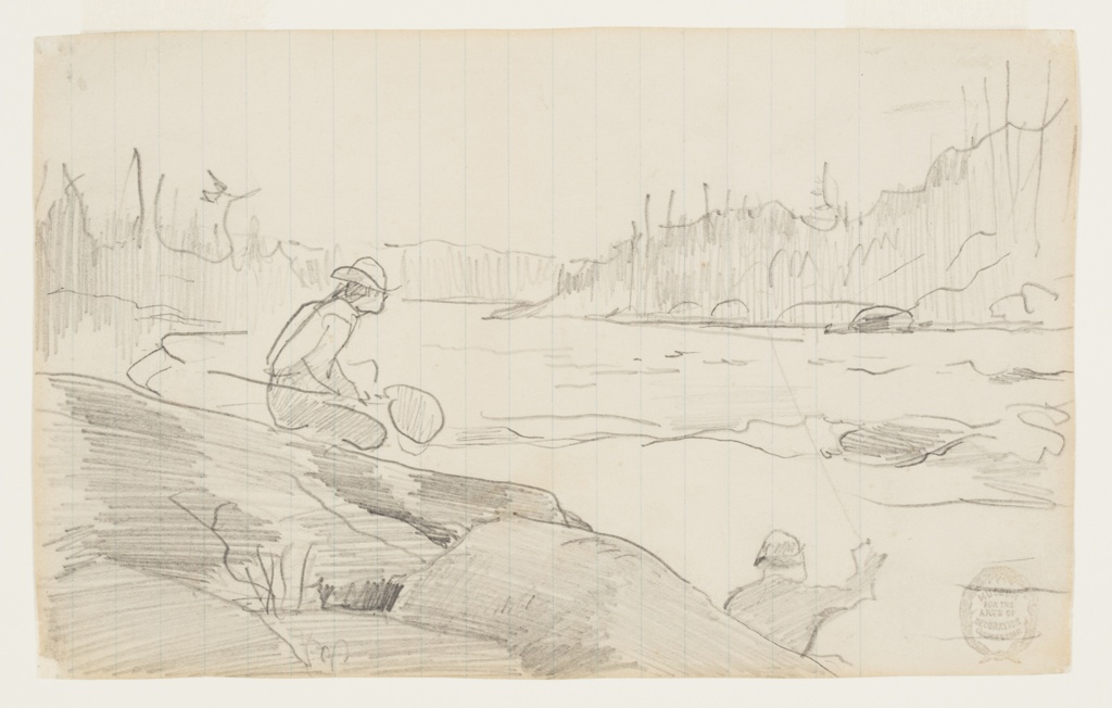 Drawing, Men Fishing with a Rod and Net