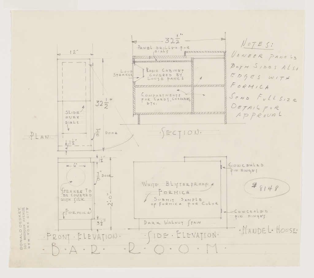 Drawing, Design for Radio Cabinet, Bar Room, Richard H. Mandel House, 323 Haines Road, Bedford Hills, NY