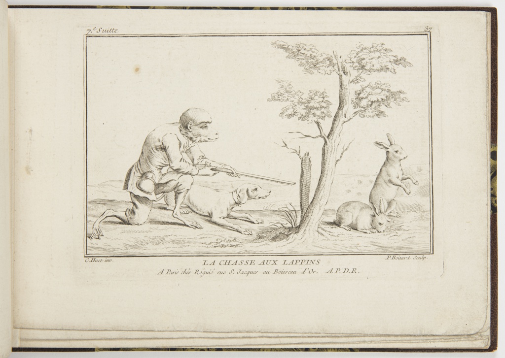 Monkey dressed in a tail coat with a companion hunting dog. Monkey is crouched on one knee, placed on one side of a small tree with its dog. On the other side of the tree, just several feet away, are two rabbits. One is on all fours and eating, one is standing on its hind legs, ears perked up. The monkey points a rifle in the direction of the two rabbits.