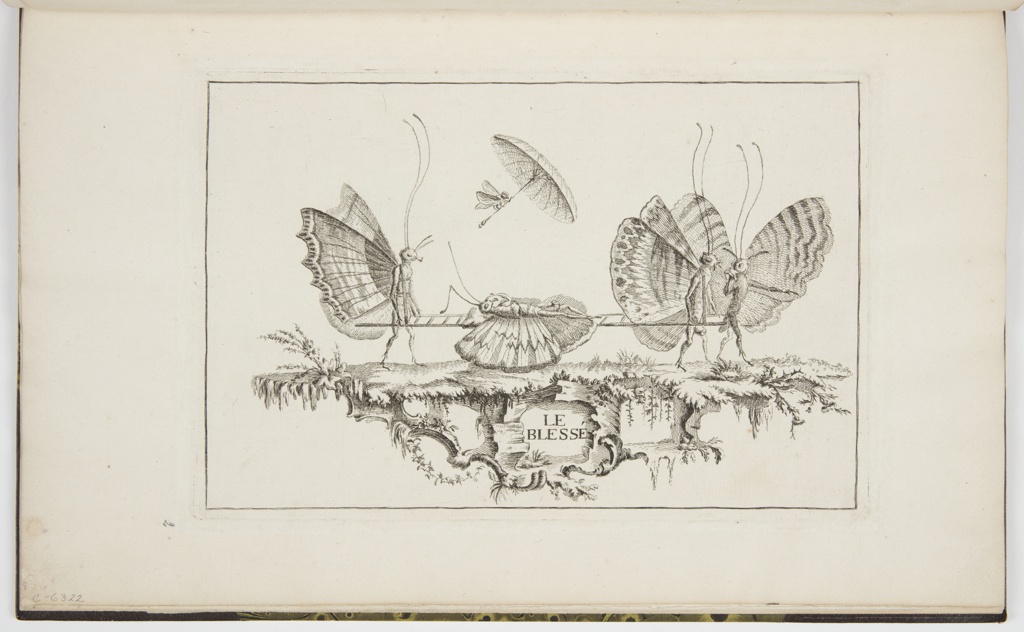 Two anthropomorphized butterflies stand on their hind legs, carrying a stretcher. A third butterfly stands in front, appearing to lead the way. The path they walk on is covered in plants and shrubbery. There is no background other than the blank page. On the stretcher is a fourth butterfly, lying on its back. A small butterfly flies directly above it, holding a small umbrella. Underneath the scene read the French words for 'The Injured.'