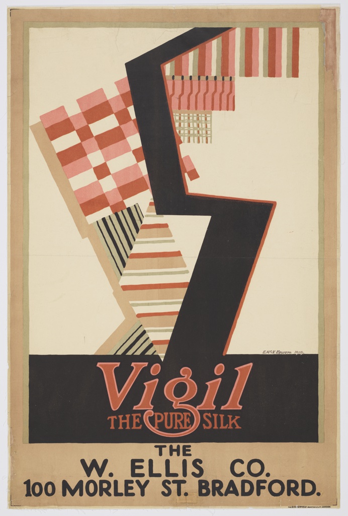 Poster with abstracted black lightning bolt shaped 'S' in the center of the image with black horizontal rectangle below filled with red text company logo: 'Vigil/ THE PURE SILK'. Below, centered along the bottom in black all caps text: 'THE / W. ELLIS CO. / 100 MORLEY ST. BRADFORD.' Flat-laying geometric forms filled with colorful line patterns of black, beiges, pinks, reds appear behind the black 'S' shape strangely oriented almost stacked of floating in a mimicked 's' shape on a beige background. Above the upper right corner of the black rectangle in hand written black text the designer signed and dated the piece.