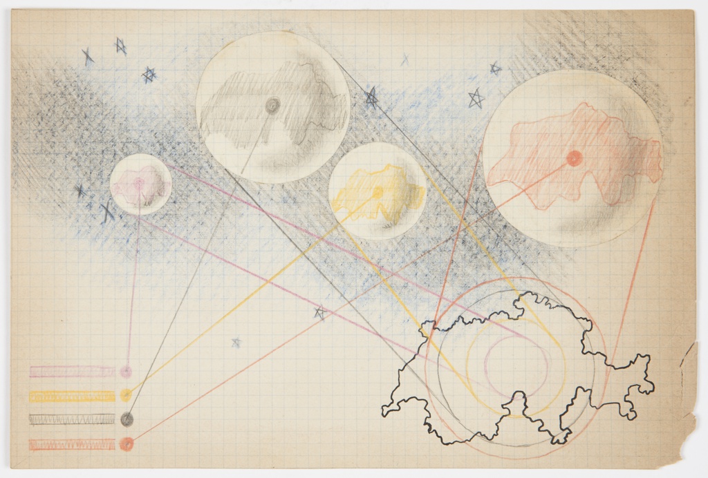 Horizontal drawing on graph paper with blue grid background and a bold black outline of the Switzerland at lower right. Four planets of differing sizes are seen above with different colored land masses (pink, grey, yellow, and orange) with dots in each center connected to lines that lead to a color key chart, at lower left and the map at lower right. Tangential pairs of parallel lines hug sides of each planet directed downwards to the lower right-hand corner, in corresponding colors to the planets, and connect to matching sized circle outlines overlapping the shape of Switzerland, which creates a bullseye target shape. The cosmos is indicated behind the planets in blue and black, and scattered stars are depicted in graphite and blue color pencil.