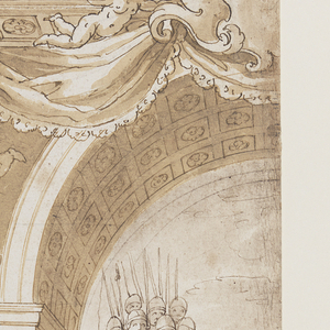 Drawing, Design for an Illusionistic Wall Decoration, with a King Accompanied by Soliders (Esther and Ahasveras?), 1703