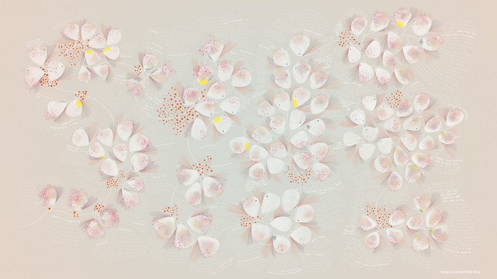 A musical score and data manifested in a sketch with mostly pink and white petals on tiny stems branching out onto larger stems in an all-over composition on grey paper. Data collected on a disease is then written in swirls in a white material close to the petals in the negative spaces with red dots in various tiny sizes that are evident near each blossom.