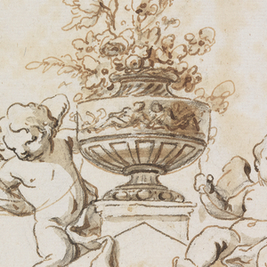 Drawing, Study for a Painted Wall Decoration:  Two Putti beside a Vase with Flowers, ca. 1720