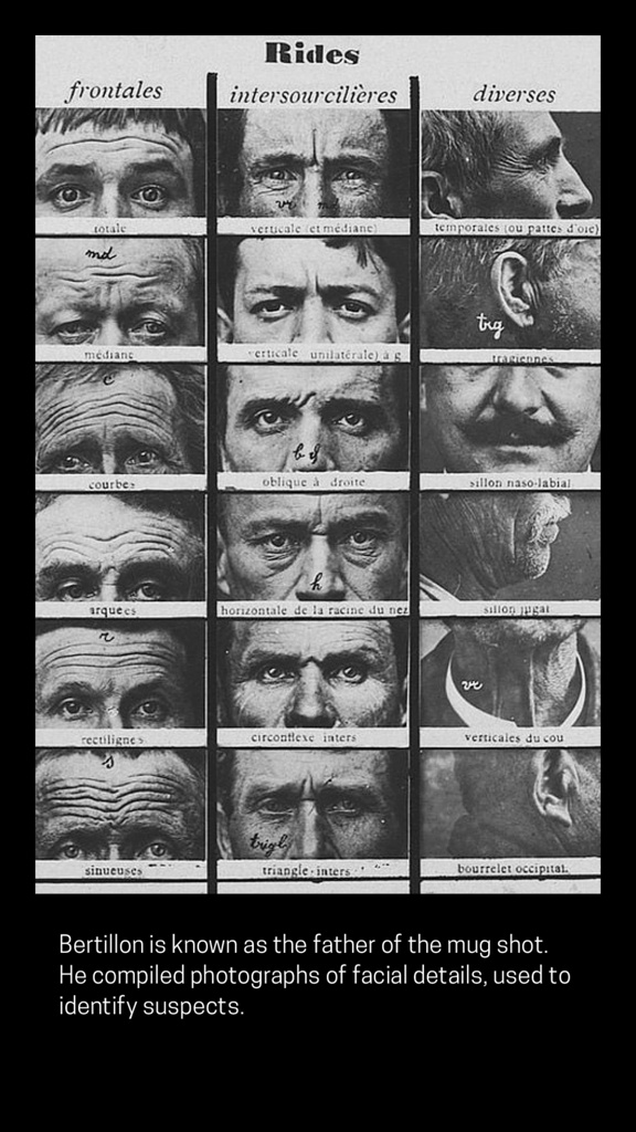 Grid of 18 black and white images, organized in three columns that read: frontales, intersourcilieres, and diverses. Each picture has one person in each frame. The far left column depicts close ups of forehead wrinkles and eye expressions under the column 'frontales.' In the center column titled 'intersourcilieres,' there are closeups of the upper half of the face including forehead, eyes and nose bridges. Under 'diverses,' there are close ups and side profiles of ears, mouths and noses and throats. At the top of the image is the word 'Ride' written like a title at the top. The bottom text video caption reads, 'Bertillon is known as the father of mug shot. He compiled photographs of facial details, used to identity suspects.'