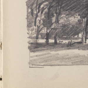 Sketchbook Folio, Landscape with Large, Dark Trees and Haystacks, probably Newport, 1885–1902