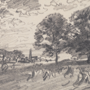 Sketchbook Folio, Countryside with Trees, Haystacks, and Distant Village, 1885–1902