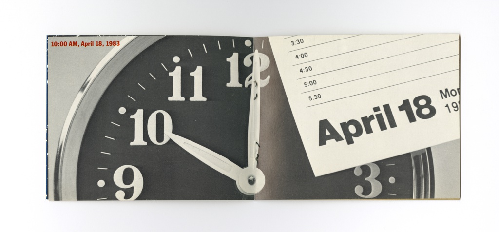 Invitation with top half of a face of a clock shown in black and white. The hour hand is at 10 and the minute hand just past 12. The right half of the clock is obscured by a page of a daily calendar. It says “April 18” at the bottom, and has rows with times from 3:30-5:30 shown every half hour. At the upper left corner is small, red print that says, “10:00 AM, April 18th, 1983.” The page has been folded and reopened vertically down the middle, with two staples visible in the center.