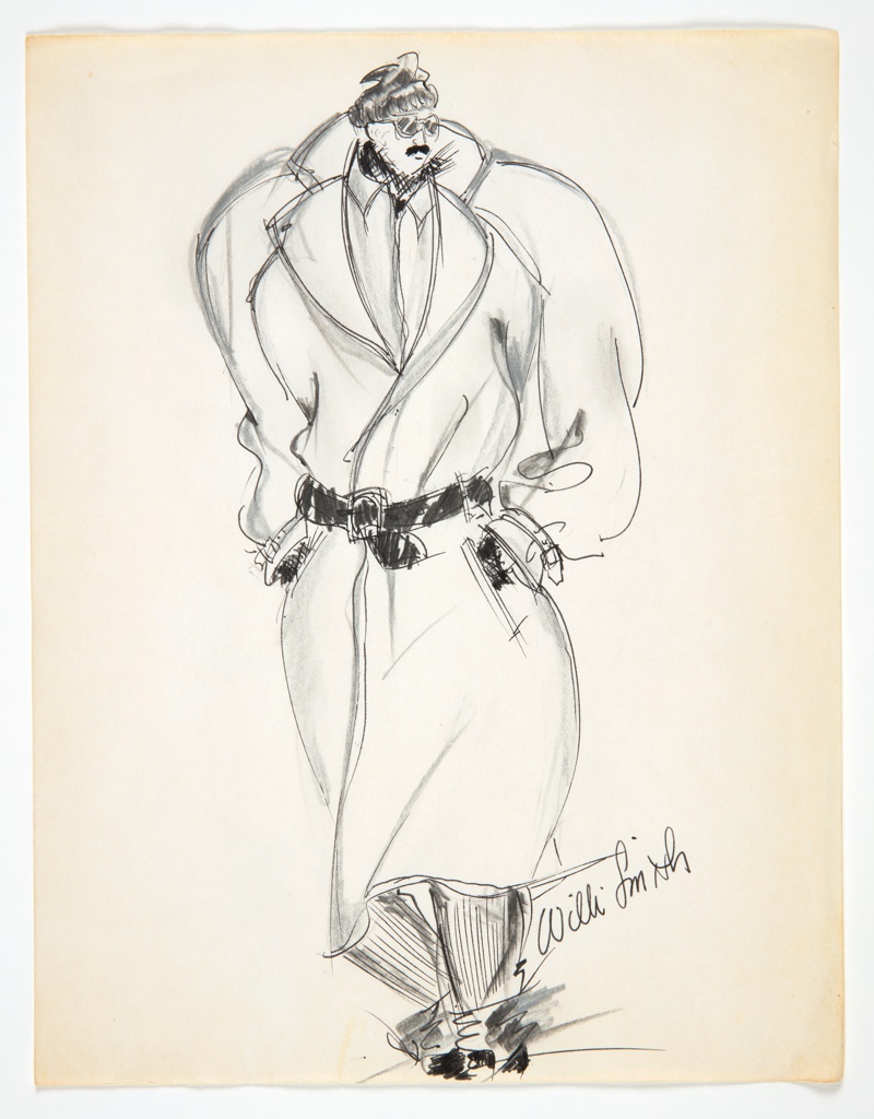 Loosely drawn fashion illustration of a man with a mustache and sunglasses, wearing a large belted trench-style overcoat with a adjustable wrist straps and a thick leather belt. The man wears a dark wool scarf and gloves, barely visible under the coat, as well as a plain shirt, striped pants, thick socks and dark shoes. He is drawn in an active manner, walking brisquely towards our left, while looking off to the right. The medium is graphite pencil, pen and ink, and the drawing is signed Willi Smith in pencil diagonally just below the right knee.