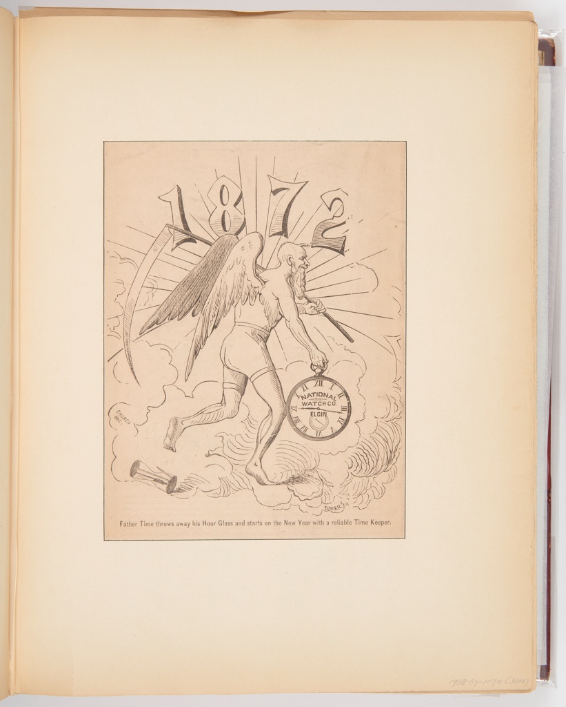 Ephemera, Father Time throws away his Hour Glass and starts on the New Year with a reliable Time Keeper, Illustration for Elgin Watch Almanac (1872)