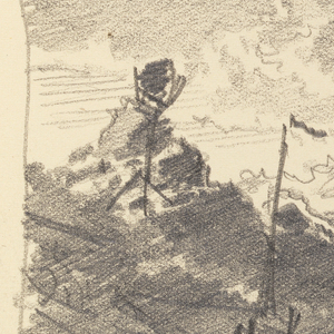 Sketchbook Folio, Boats Sheltered by Rocks on Shore near Choppy Sea, 1885–90