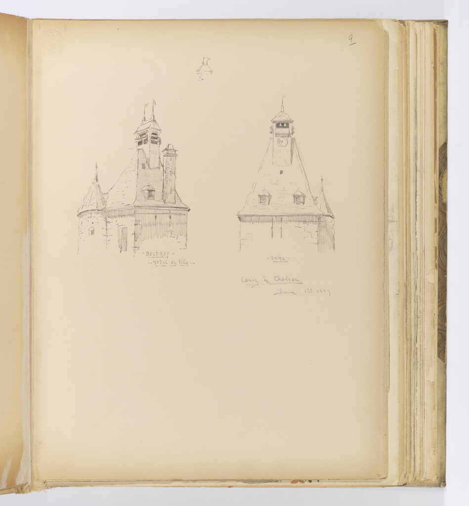 Album Page, Two Views of Belfry, Hotel de Ville, Coucy-le-Château