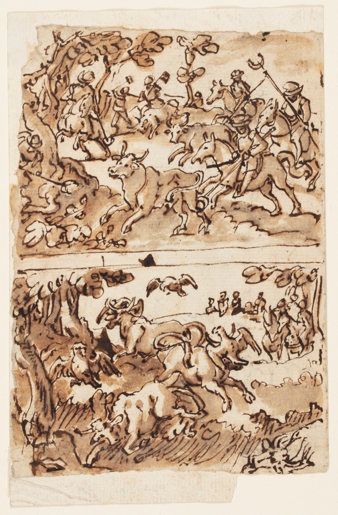 Drawing, Bull Hunt with Spears [above]; Bull Hunt with Eagles [below]