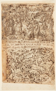 Drawing, Melchizedek Brings Bread and Wine to Abraham [above]; Unicorn Hunt [below]