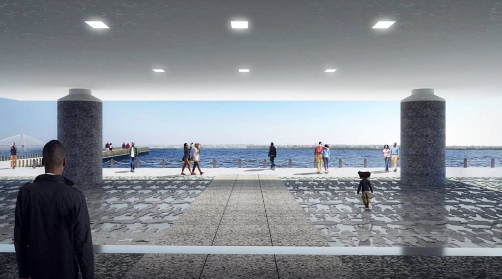 Digital rendering of a large, open-walled cement structure that looks out onto a sun-drenched waterside pier and promenade.