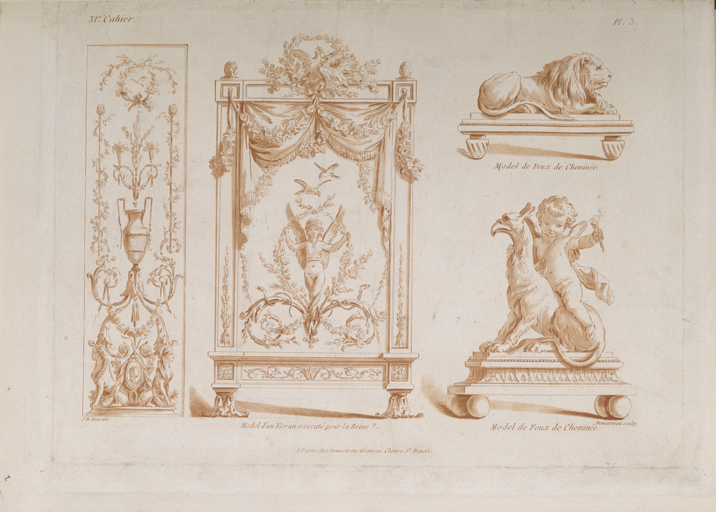 Print, Designs for a Panel, Fire Screen, and Andirons