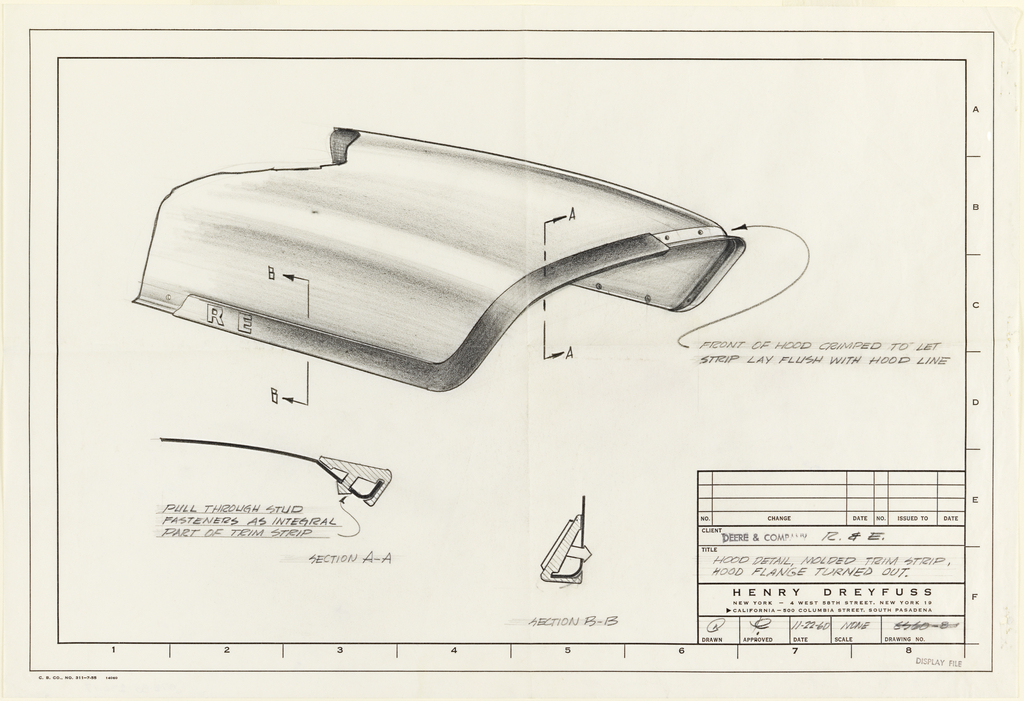 Drawing, Hood detail, molded trim strip, hood flange turned out, for John Deere