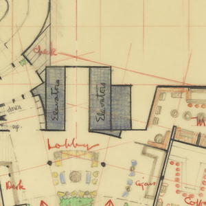 Drawing, Hotel Uris, plan: first floor, sketch for Uris Hotels, August 12, 1955