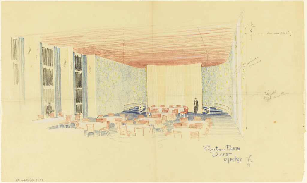 Drawing, Sketch of function room, dinner, for Uris Hotels