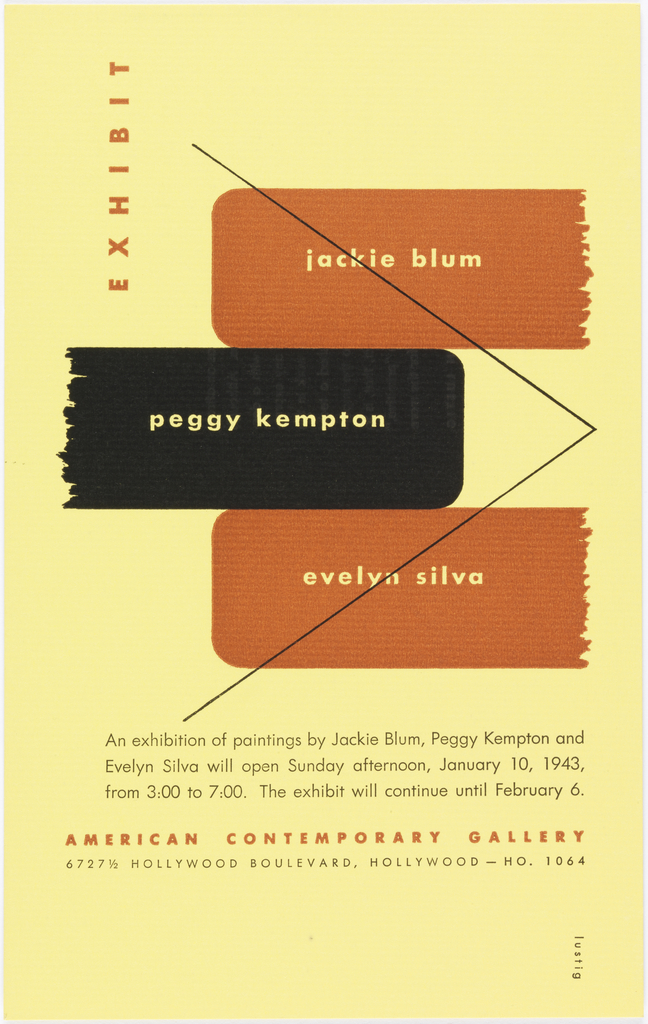 Announcement, Jackie Blum, Peggy Kempton, and Evelyn Silva at American Contemporary Gallery