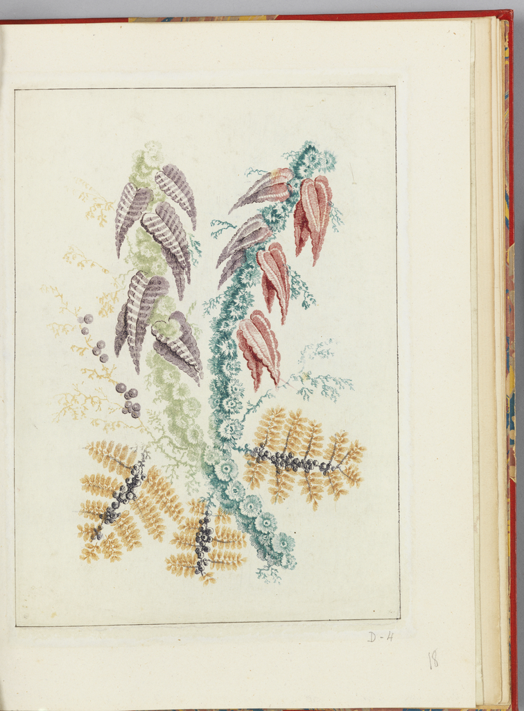 Print, Ornamental Design with Triangular Purple and Red leaves, from Nouvelle suite de cahiers de flerurs naturelle a l'usage des dessinateurs et des peintres, No.1