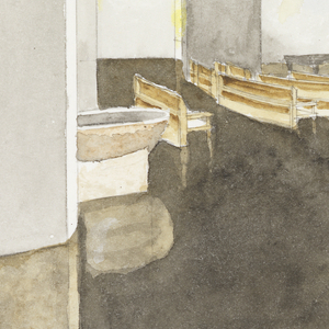 Drawing, Chapel of St. Ignatius, Seattle University: Interior  Showing Vaulting, Pews, Baptismal Font, and Candle Offerings, October 21, 1994