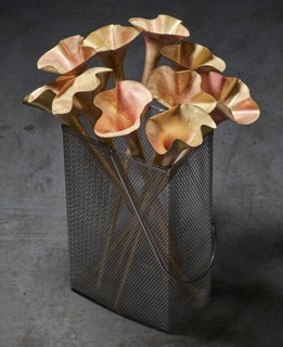 Photograph, Trumpet bells before being shaped on a lathe