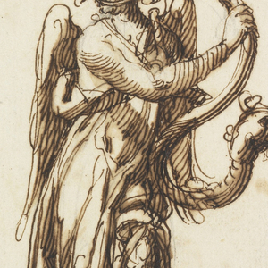 Drawing, Design for Sculpture: Angel Blowing Serpentine Horn, late 17th century