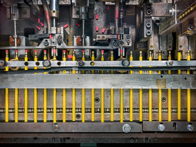 Photograph, A tipping machine adding metal ferrules and erasers to pencils