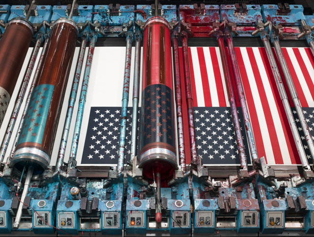 Photograph, American flags in production on a rotary screen printer