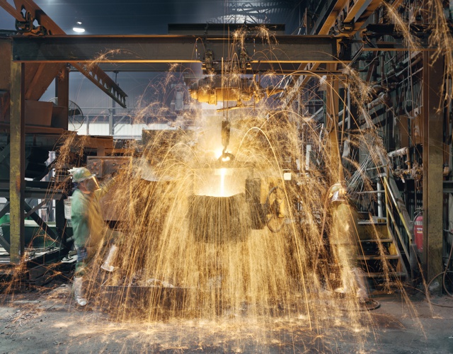 Photograph, Crucible pouring for casting of Steinway piano plates