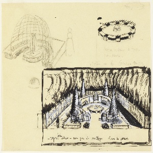 Drawing, Three Studies: Ornamental Enclosed Garden with Four Evergreen Trees Around a Fountain; Circular Fountain; Trellis Niche and Fountain, 1912–19