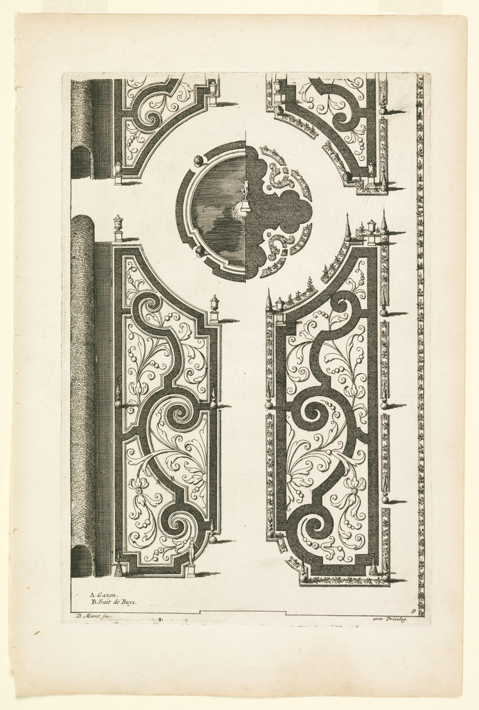 Print, Design for Garden Parterres with Scroll Motifs and Boxwood Arbor, in "Nouveaux Livre de Parterres," in Oeuvres Du Sr. D. Marot..., The Hague:  Chez Pierre Husson, c.1702