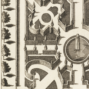 Print, Espalier Garden Fashioned as a Labyrinth with Two Fountains, ca. 1700