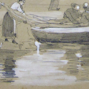 Drawing, Fisherman and Women Stowing Nets in a Beached Dory, Cullercoats, England, 1881